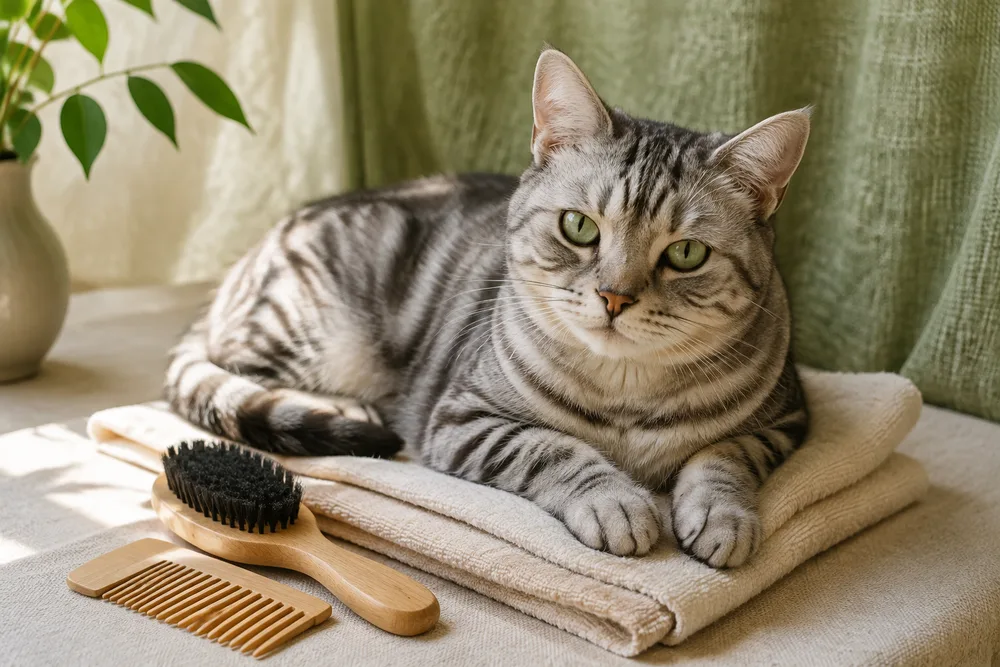 A silver tabby beside a brush and comb on a folded towel